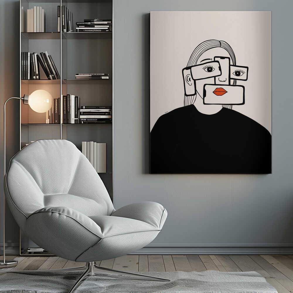 A minimalist line art illustration of a woman in a black shirt against an off-white background. Her face is obscured by several overlapping smartphones, which display her eyes and bright red lips on their screens, creating a surreal and conceptual portrait about technology and identity. Artwork