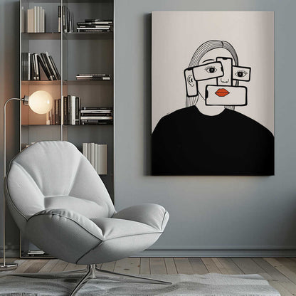 A minimalist line art illustration of a woman in a black shirt against an off-white background. Her face is obscured by several overlapping smartphones, which display her eyes and bright red lips on their screens, creating a surreal and conceptual portrait about technology and identity. Artwork