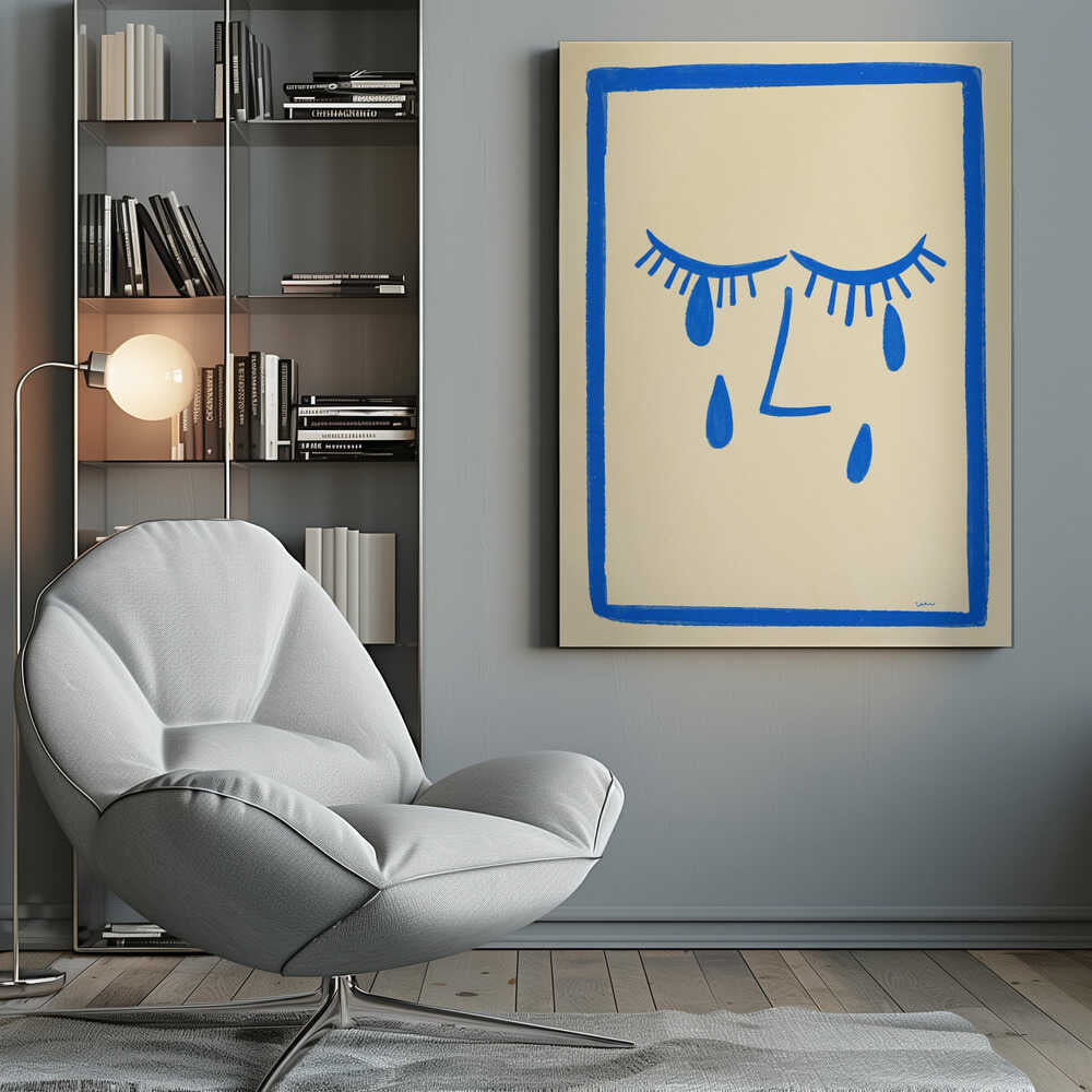 A minimalist framed illustration of a crying face. Bold blue lines on a cream background depict two closed eyes with long lashes, an L-shaped nose, and three large teardrops. The artwork is contained within a thick, hand-drawn blue border. Wall Art