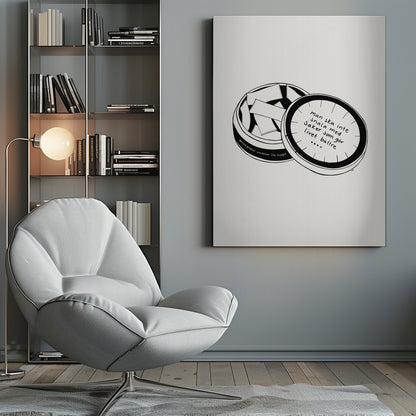 A black and white line drawing of an open, round tin of snus. The lid is resting beside the open tin, and has a handwritten Swedish quote on it. The drawing is minimalist and set against a plain off-white background within a black frame. Wall Art