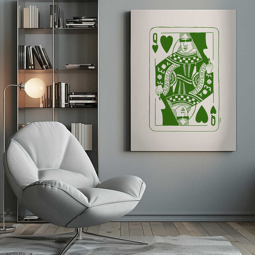 A framed art print of a stylized Queen of Hearts playing card. The design is rendered in bold green lines on an off-white background. The queen has her eyes covered and is defiantly giving the middle finger. Print