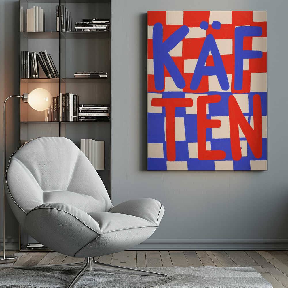 A bold graphic art print featuring the word 'KÄFTEN' split into two lines against a checkerboard background. The top line 'KÄF' is in blue text over a red and cream checker pattern. The bottom line 'TEN' is in red text over a blue and cream checker pattern. The style is playful and hand-painted, enclosed in a thin black frame. Wall Art