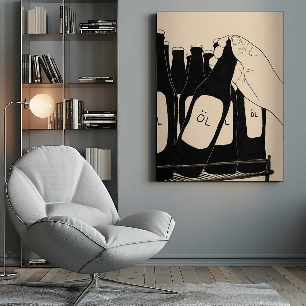 A minimalist illustration in black and cream showing a hand picking up a dark glass bottle from a rack. The bottle has a simple white label with the word 'ÖL'. Other similar bottles are visible in the background. Wall Art