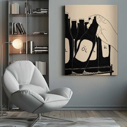 A minimalist illustration in black and cream showing a hand picking up a dark glass bottle from a rack. The bottle has a simple white label with the word 'ÖL'. Other similar bottles are visible in the background. Wall Art