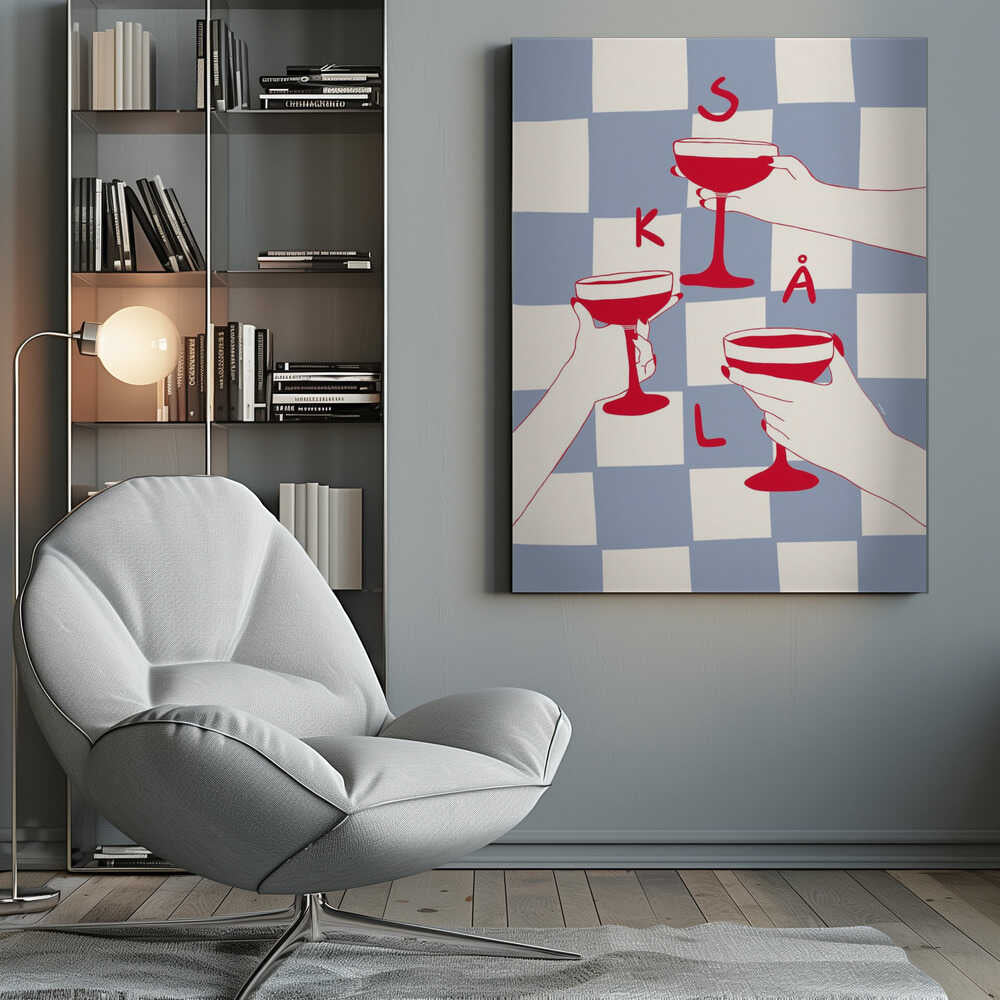 A graphic illustration in a black frame showing three hands holding red coupe glasses in a toast. The background is a blue and white checkerboard pattern, and the letters S, K, Å, L are scattered in red, spelling the Swedish word for 'Cheers'. Poster
