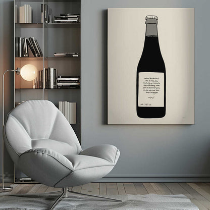 A minimalist illustration of a dark bottle against an off-white background, enclosed in a black frame. The bottle has a white label with handwritten Swedish text that reads: 'saker du absolut inte borde dela med dig av i sociala sammanhang men som du kommer göra ändå och må skit över imorgon enjoy! alk. 5.2% vol'. Print
