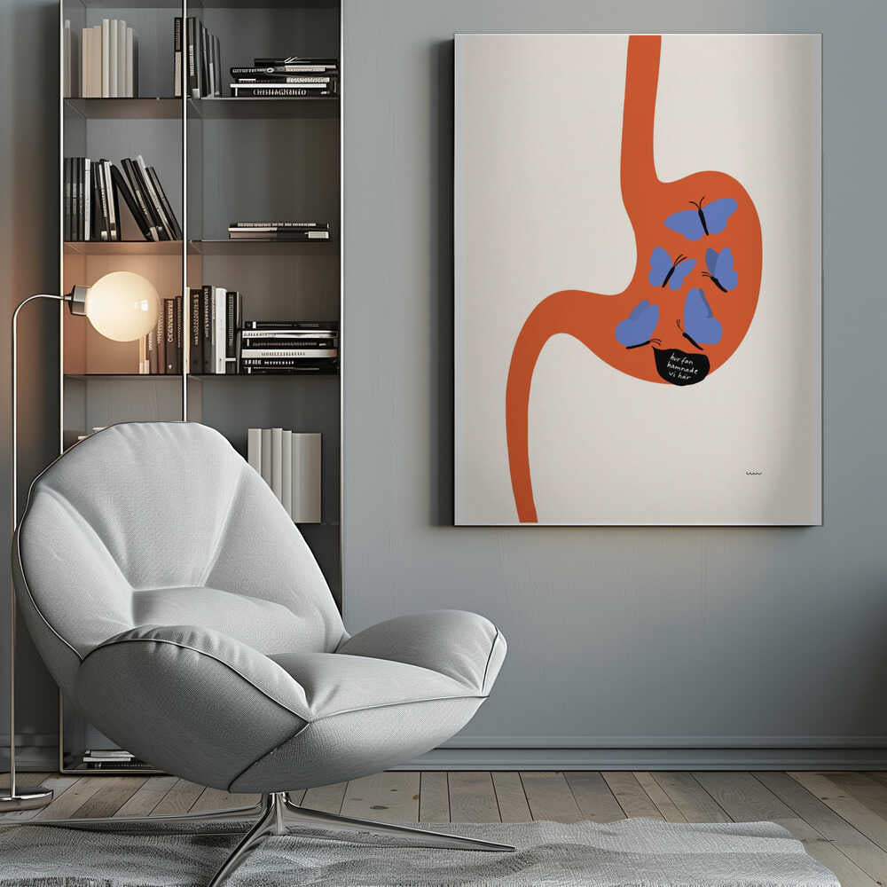 A minimalist art print showing a large, orange, stylized human stomach against a cream background. Inside the stomach are five blue butterflies, one of which has a black speech bubble with the Swedish text 'hur fan hamnade vi här' ('how the hell did we end up here'). Poster