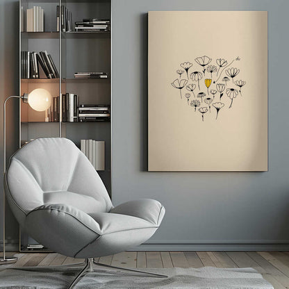 A minimalist art print with a cream-colored background and a thin black frame. In the center is a circular cluster of hand-drawn wildflowers in black ink, with one single flower colored a vibrant yellow, creating a pop of color. The style is simple and whimsical. Print
