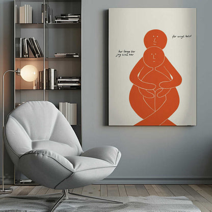 A minimalist art print with a black frame, featuring two stylized orange figures on a cream background. A larger figure embraces a smaller one from behind, both with simple, smiling faces. Handwritten Swedish text on the left reads 'hur länge får jag sitta här' and on the right 'för evigt helst', translating to 'how long can I sit here' and 'forever, preferably'. Poster