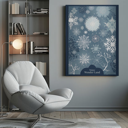 A vertical art print with a winter theme, featuring a variety of white and light blue snowflakes of different sizes and intricate designs scattered across a dusty blue background. At the bottom, silhouettes of bare white tree branches are visible, and a dark blue cloud-like shape holds the text 'Winter Wonder Land' in a white font. The artwork is framed in black. Artwork