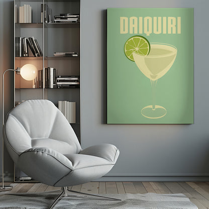 A vintage-style poster featuring a stylized illustration of a Daiquiri cocktail in a coupe glass, garnished with a bright green lime slice. The word 'DAIQUIRI' is displayed at the top in a bold, blocky, off-white font against a solid mint green background. The artwork has a minimalist and retro aesthetic. Decor