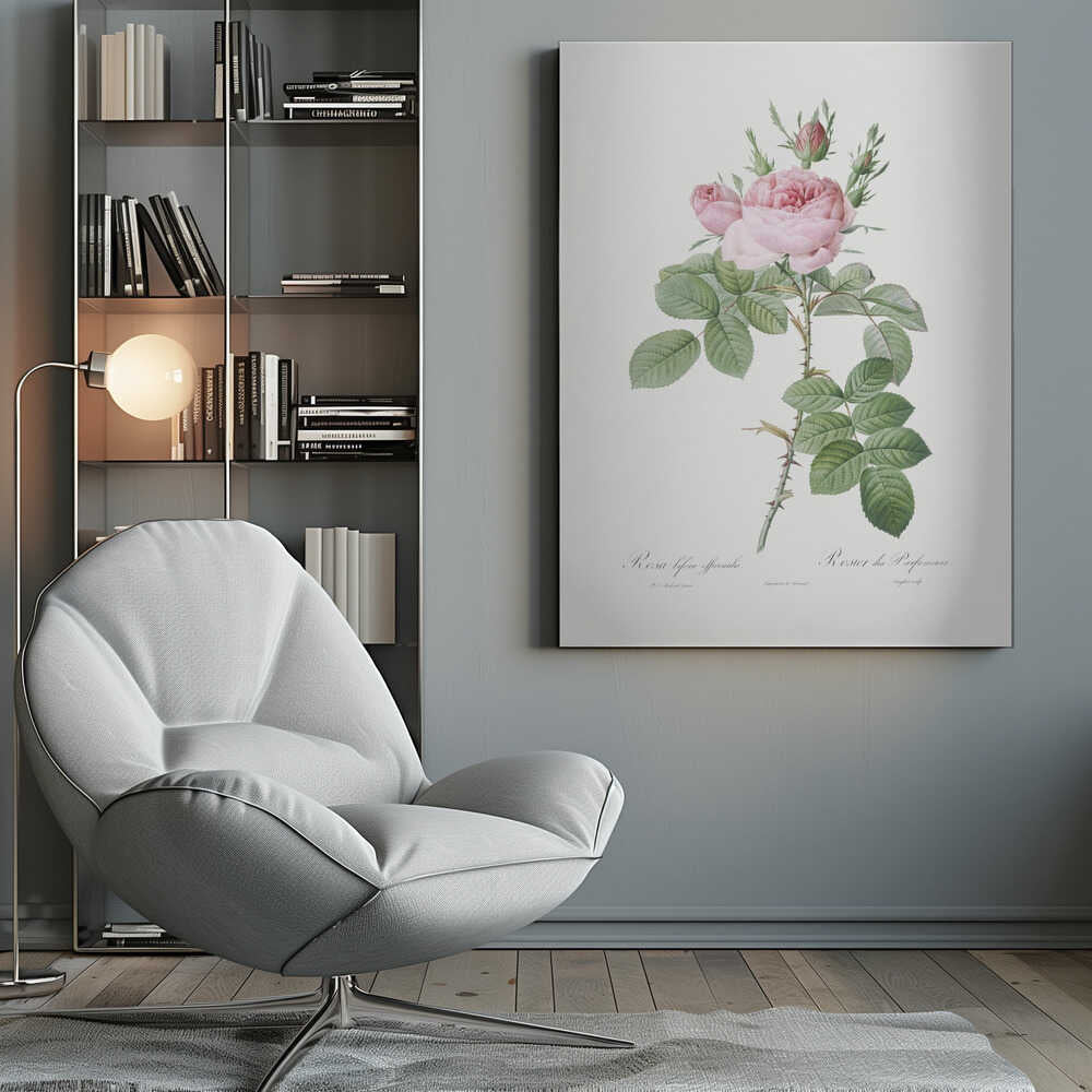 A vintage botanical illustration of a pink rose branch with full blooms and buds, green leaves, and a thorny stem against a white background. The artwork is framed in black and features script text at the bottom. Poster