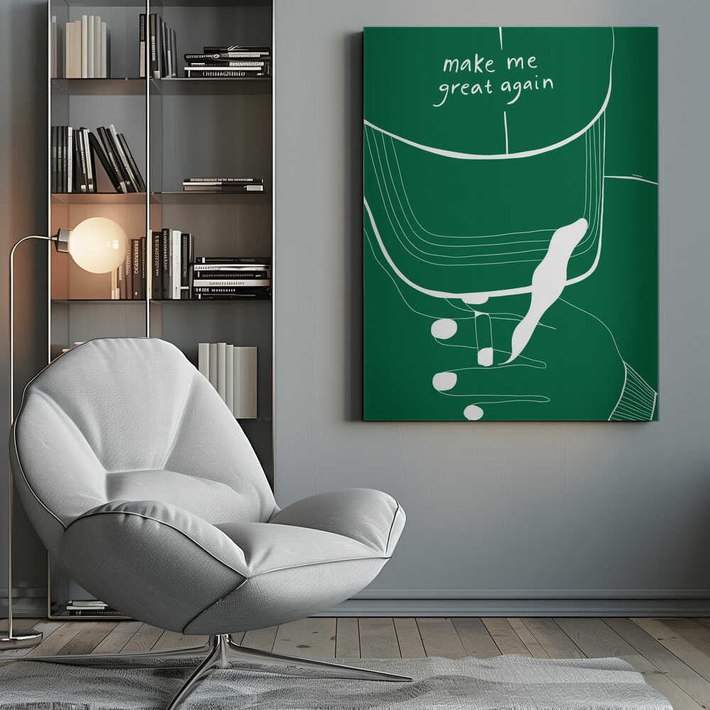A minimalist illustration of a green baseball cap with the phrase 'make me great again' written in white script. The artwork is a simple white line drawing against a solid green background, showing the cap and a hand touching it, all framed in black. Decor