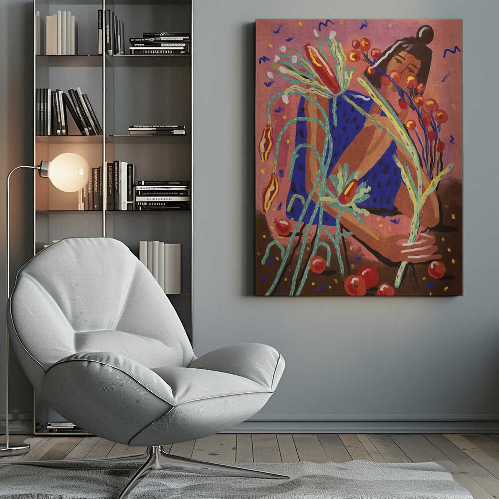 A colorful, painterly illustration of a woman in a blue dotted dress, holding a large bouquet of stylized plants with red berries and flowers against a textured pink background. Red fruits are scattered on the brown ground at her feet. Print