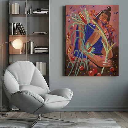 A colorful, painterly illustration of a woman in a blue dotted dress, holding a large bouquet of stylized plants with red berries and flowers against a textured pink background. Red fruits are scattered on the brown ground at her feet. Print