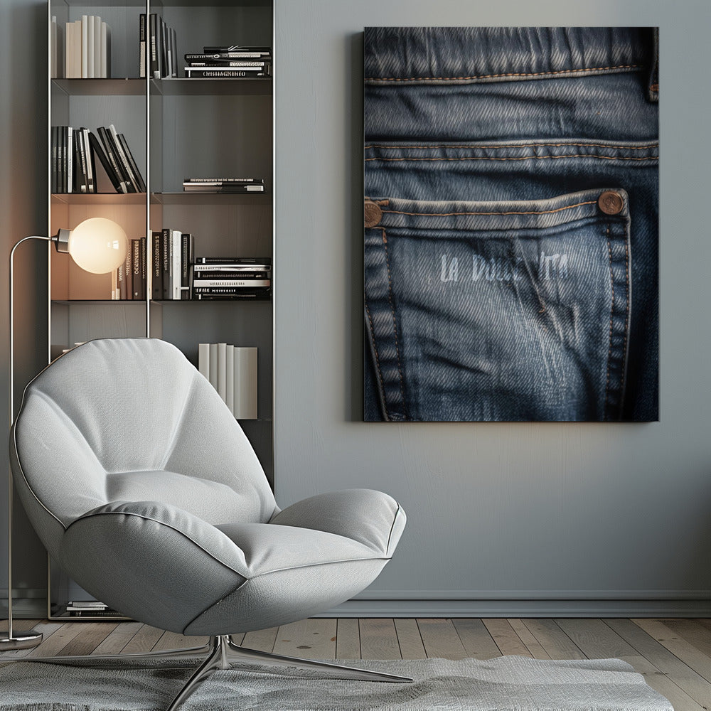 A detailed close-up photograph of a faded blue jean back pocket, showing the texture of the denim, orange stitching, and a copper rivet. Faint white text is stenciled onto the pocket. Poster