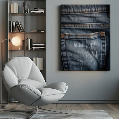 A detailed close-up photograph of a faded blue jean back pocket, showing the texture of the denim, orange stitching, and a copper rivet. Faint white text is stenciled onto the pocket. Poster