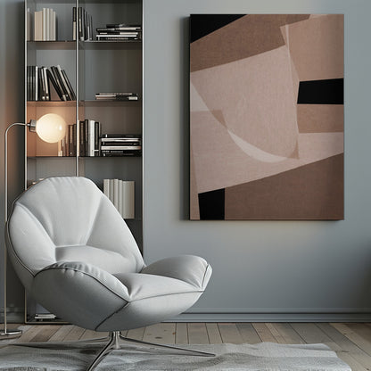 An abstract artwork in a black frame featuring a collage of overlapping geometric and curved shapes. The color palette consists of various shades of brown, from dark chocolate to light beige, contrasted with solid black areas. The shapes have a textured, paper-like quality and some appear translucent, creating layers and depth. Decor