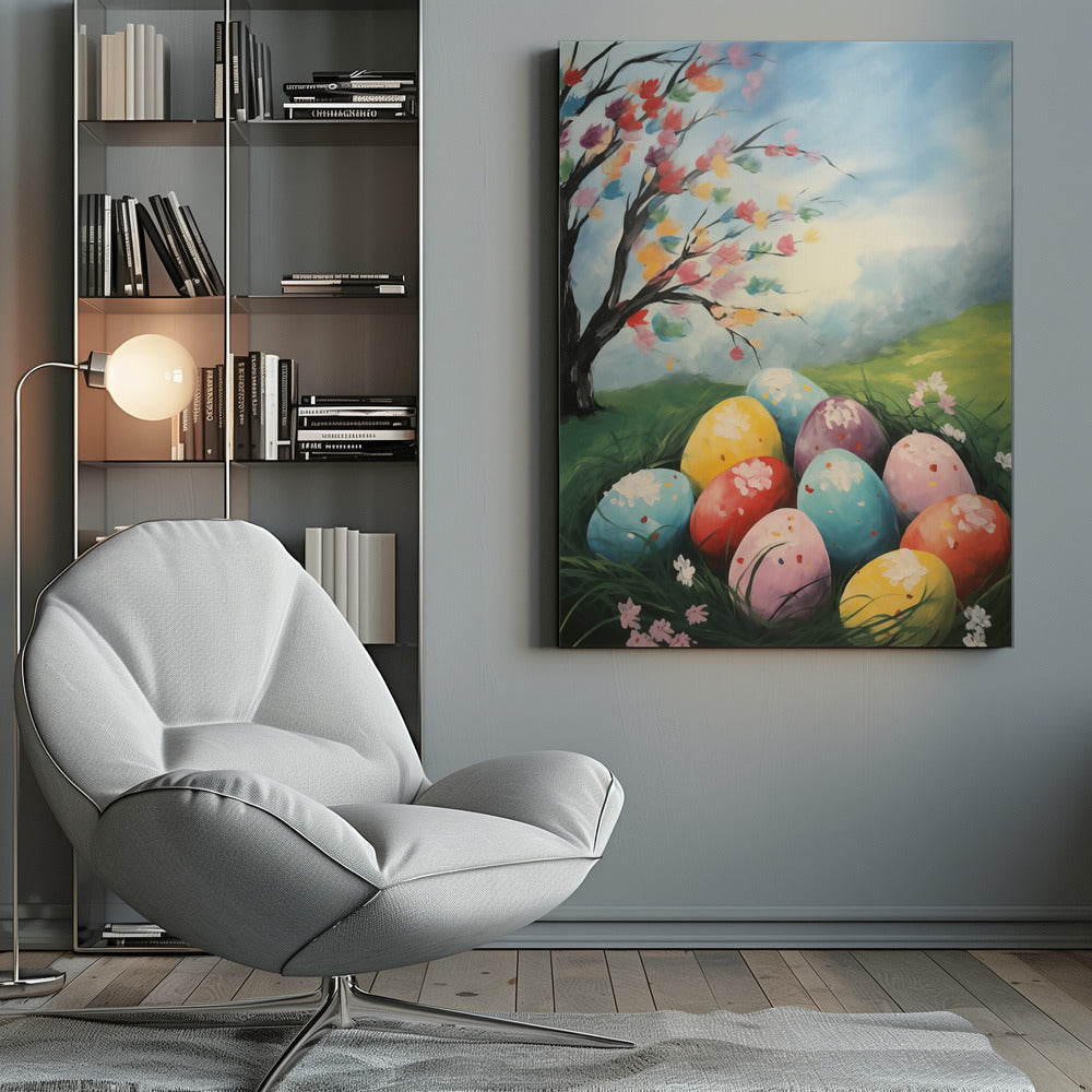 A vibrant painting depicting a cluster of colorful Easter eggs nestled in lush green grass. Above them on a small hill, a tree blossoms with a rainbow of colors against a bright, partly cloudy blue sky, capturing a whimsical spring scene. Artwork