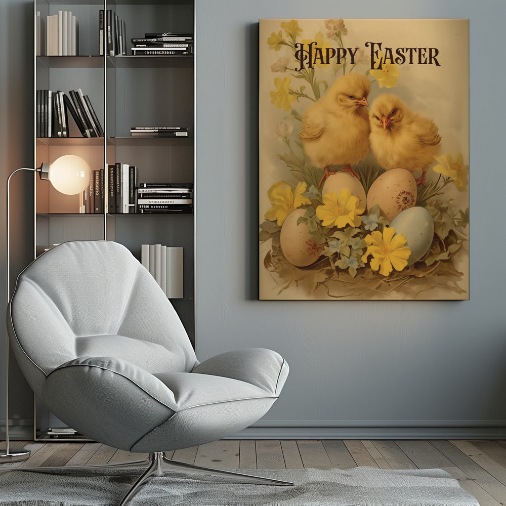 A vintage-style Easter illustration featuring two fluffy yellow chicks perched on decorated Easter eggs. The scene is adorned with yellow and blue flowers, and the words 'Happy Easter' are written in an elegant, dark font at the top against a cream background. Print