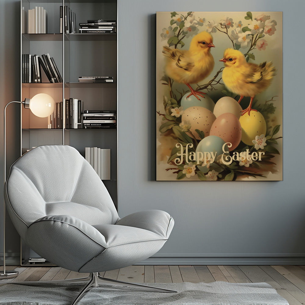 A vintage-style Easter illustration featuring two fluffy yellow chicks perched on and around a clutch of pastel-colored Easter eggs. The scene is decorated with white and light pink blossoms on branches. At the bottom, the text 'Happy Easter' is written in elegant, cursive script. The entire image is enclosed in a thin black frame. Artwork