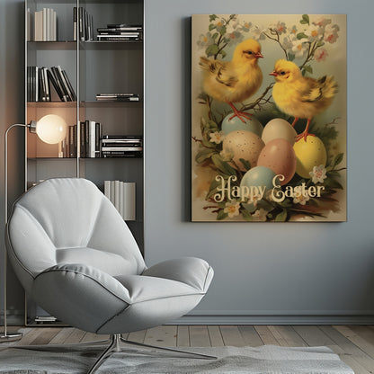 A vintage-style Easter illustration featuring two fluffy yellow chicks perched on and around a clutch of pastel-colored Easter eggs. The scene is decorated with white and light pink blossoms on branches. At the bottom, the text 'Happy Easter' is written in elegant, cursive script. The entire image is enclosed in a thin black frame. Artwork