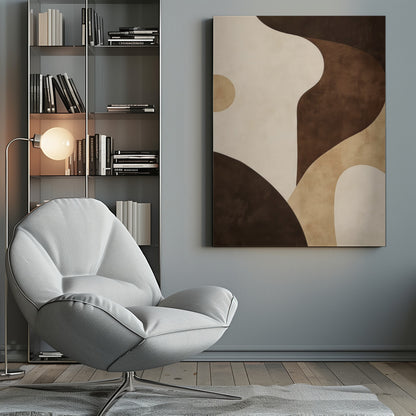 A modern abstract painting in a black frame, featuring a composition of large, flowing, and overlapping organic shapes in a warm, earthy color palette of dark brown, tan, and cream. The textured forms create a sense of depth and movement, reminiscent of rolling hills or sand dunes. Decor