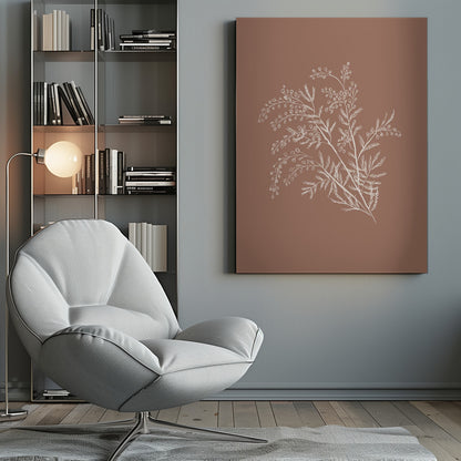 A minimalist botanical artwork featuring a white line drawing of a delicate plant sprig with feathery leaves and small berries against a solid dusty rose background, enclosed in a simple black frame. Artwork