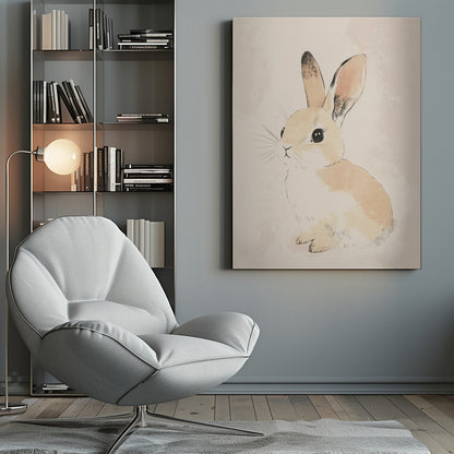 A watercolor-style illustration of a small, cute rabbit with tan and white fur, large black eyes, and long ears. The bunny is sitting and looking towards the left against a soft, textured beige background, all enclosed within a thin black frame. Poster
