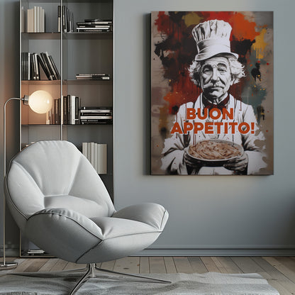 A stylized portrait of a smiling elderly chef with a white mustache and hair, wearing a chef's hat and holding a plate of pasta. The background features abstract red, black, and yellow paint splatters in a street art style. The phrase 'BUON APPETITO!' is written in large orange letters across the front. Decor