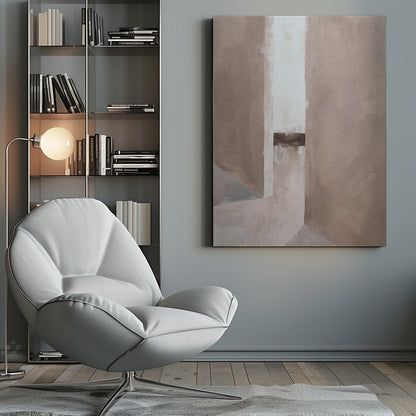 An abstract painting in a black frame, featuring a composition of geometric blocks in muted earth tones. A central vertical stripe of off-white is intersected by a dark brown horizontal band, creating a sense of depth and architectural form. Wall Art