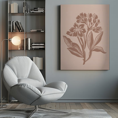 A minimalist botanical block print featuring a cluster of stylized flowers and leaves in a terracotta brown hue against a dusty pink background, all enclosed within a thin black frame. Artwork