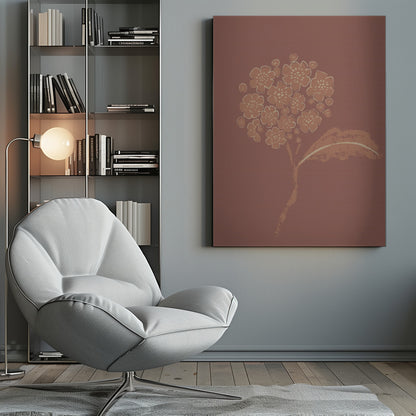 A stylized illustration of a single flower stalk with a round cluster of blossoms, similar to a hydrangea. The artwork is created in a limited palette of terracotta and cream against a solid dusty rose background, giving it a minimalist, block-print feel. The image is presented within a simple black frame. Decor