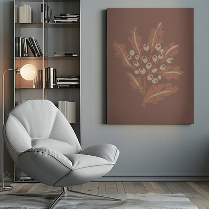 A framed vertical artwork featuring a stylized botanical illustration. Against a solid mauve-brown background, a cluster of cream-colored berries sits amidst textured, rust-colored leaves on a central stem. The artwork has a minimalist, textured, block-print aesthetic. Artwork