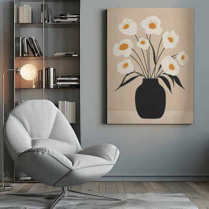 A modern, minimalist illustration of a bouquet of white poppy-like flowers with orange centers arranged in a solid black vase. The artwork features thin black stems and leaves against a muted beige background, all enclosed in a simple black frame. Artwork
