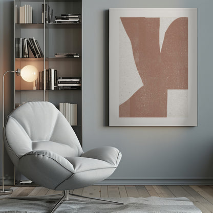 A minimalist abstract art print featuring a large, textured, terracotta brown shape against a speckled off-white background, framed in a simple black frame. Print