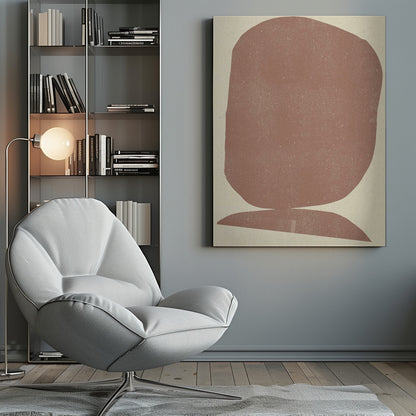 A minimalist abstract art print featuring two stacked organic shapes in a textured, dusty terracotta color against a light beige background, all enclosed in a thin black frame. Artwork