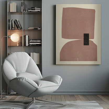A minimalist abstract art print in a black frame, featuring two large, textured dusty-rose shapes stacked vertically against a cream background. The top shape is an irregular rectangle and the bottom is a dome shape, with a small black rectangle overlapping them in the center. Decor