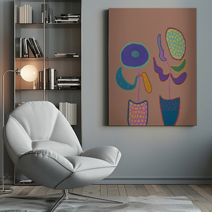 A whimsical, naive-style painting of two brightly colored, abstract flowers in patterned pots against a solid muted brown background, framed in black. Print