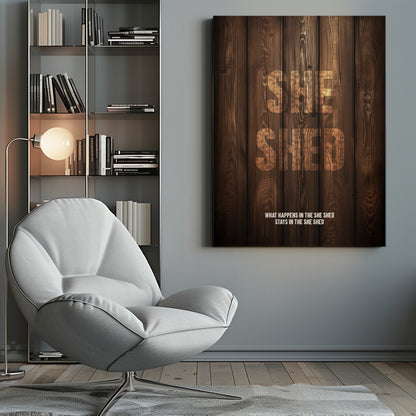 A rustic poster with a dark brown wood panel background. The words 'SHE SHED' are in large, blocky letters with a distressed wood texture. Below, a smaller caption reads 'WHAT HAPPENS IN THE SHE SHED STAYS IN THE SHE SHED'. The poster is displayed in a thin black frame. Print