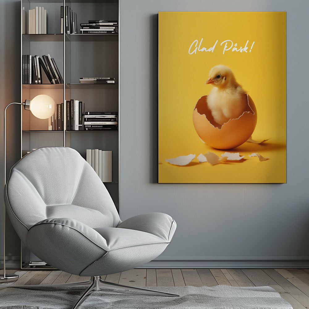 A poster with a bright yellow background featuring a cute, fluffy yellow chick that has just hatched from a brown egg. Above the chick, the text 'Glad Påsk!' is written in a white cursive script. The poster is shown within a black frame. Poster