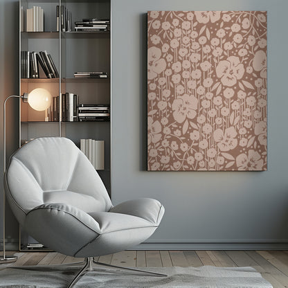 A framed artwork showing a dense, two-toned floral pattern. Light beige stylized flowers and stems are set against a darker brown background, creating a vintage wallpaper effect. Artwork
