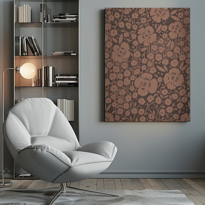 A framed art print featuring a monochromatic vintage floral pattern. Stylized light brown flowers, leaves, and vines are densely arranged on a dark brown background with faint vertical stripes. Print