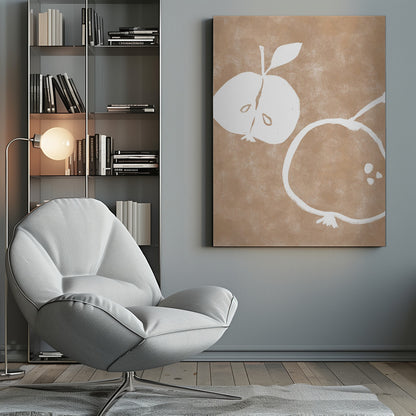 A minimalist artwork in a black frame featuring two stylized white apples on a textured light brown background. One apple is cut in half showing its seeds, and the other is a simple outline of a whole apple. Decor