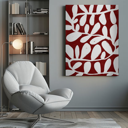 A framed abstract botanical artwork featuring a bold pattern of white, painterly vines and leaves set against a deep, textured crimson red background. Print