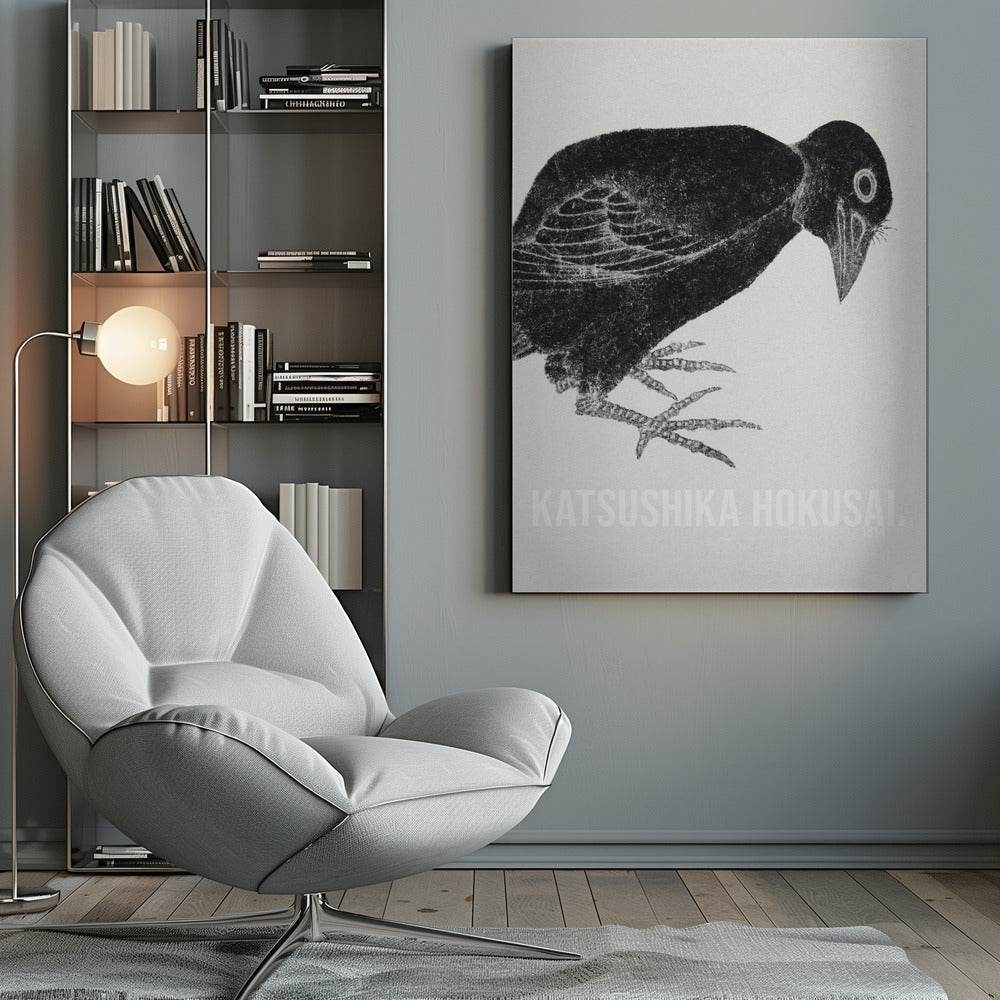 A black and white Japanese woodblock print by Katsushika Hokusai from 1814. The artwork features a stylized black crow with a textured, inky appearance, bending its head down against a light, grainy background. The piece is framed in black. Decor
