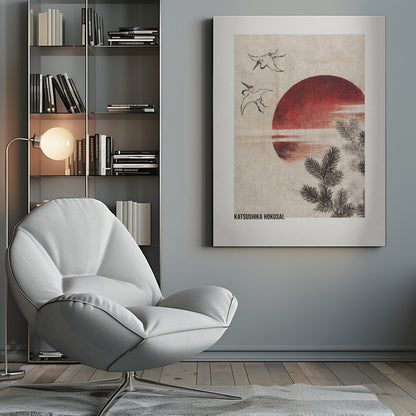 A vertical Japanese Ukiyo-e style artwork by Katsushika Hokusai featuring a large red sun against a textured cream background. Two ink-drawn cranes fly in the upper left, and dark pine tree branches emerge from the lower right. Print