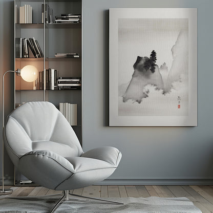 A traditional Asian ink wash painting in a black frame. The vertical artwork depicts a minimalist mountain landscape in black and grey tones on textured paper. A dark, prominent rock formation with a lone pine tree stands in the foreground, surrounded by mist, with fainter mountains in the background. A signature and a red seal are visible in the lower right corner. Artwork