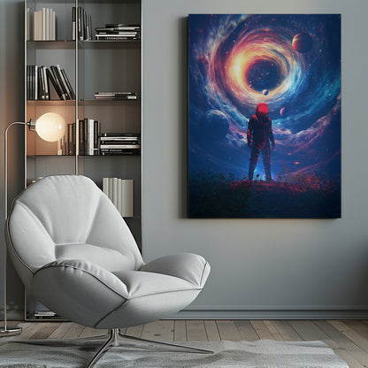 A lone astronaut in a dark suit with a bright red helmet stands on a rocky surface, gazing up at a colossal, swirling cosmic vortex of blue, red, and yellow light surrounded by stars and planets. Wall Art