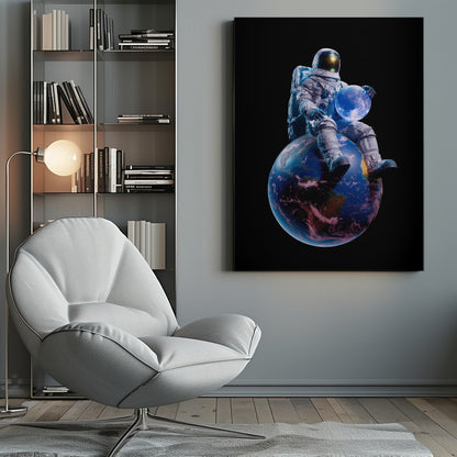 An astronaut in a full white spacesuit sits perched atop planet Earth, holding the glowing blue moon in their hands against a stark black background. Print